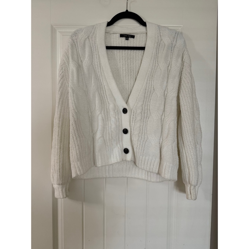 Women's White Cable Knit Cardigan Sweater